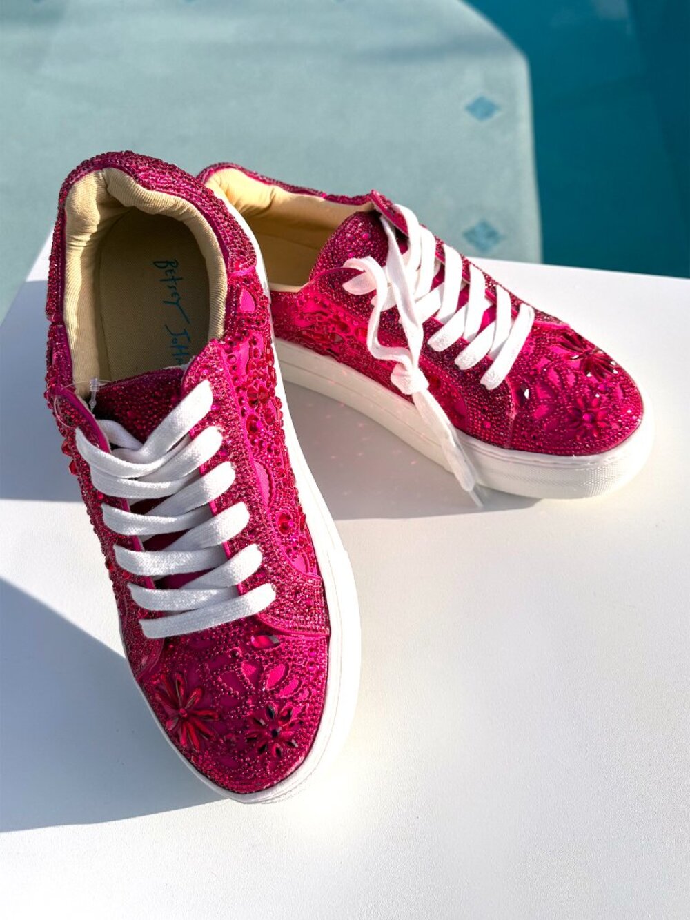 Betsey Johnson Reily Rhinestone Embellished Platform Sneakers - Fuchsia Size 8